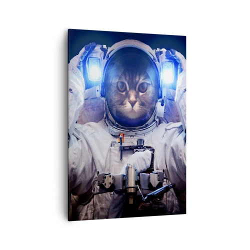 Obraz na płótnie - Kot w stroju astronauty z Ziemią w tle i jasnym światłem - 70x100cm - Houston, macie problem - Nowoczesna dekoracja ścienna do salonu i sypialni ARTTOR
