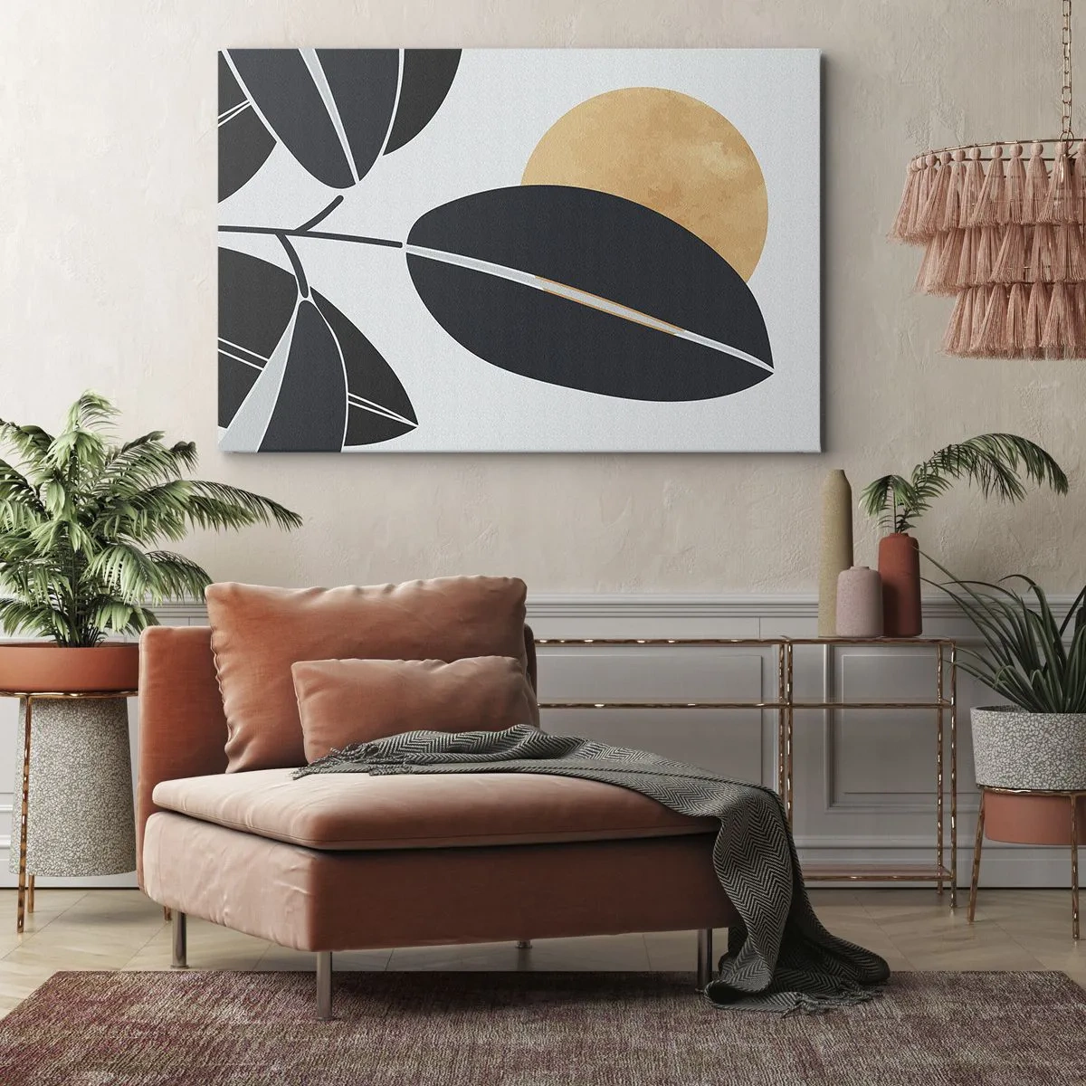Obraz na płótnie - Minimalistyczny motyw liści z jasnym słońcem w tle - 70x50cm - Dzień gorącego lata - Nowoczesna dekoracja ścienna do salonu i sypialni ARTTOR