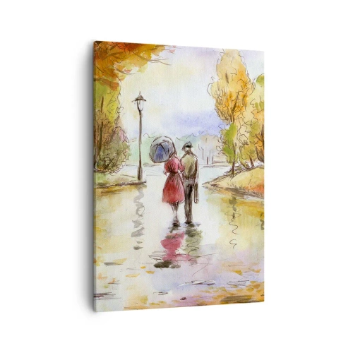 Obraz na płótnie - Romantyczny spacer w deszczu w akwarelowym stylu - 50x70cm - Romantyczna jesień w parku - Nowoczesna dekoracja ścienna do salonu, kuchni i sypialni ARTTOR