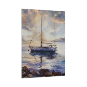 Obraz na szkle - Jacht zacumowany o zmierzchu w spokojnej zatoce - 50x70cm - Wieczór w zatoce - Nowoczesna dekoracja ścienna do salonu, kuchni i sypialni ARTTOR