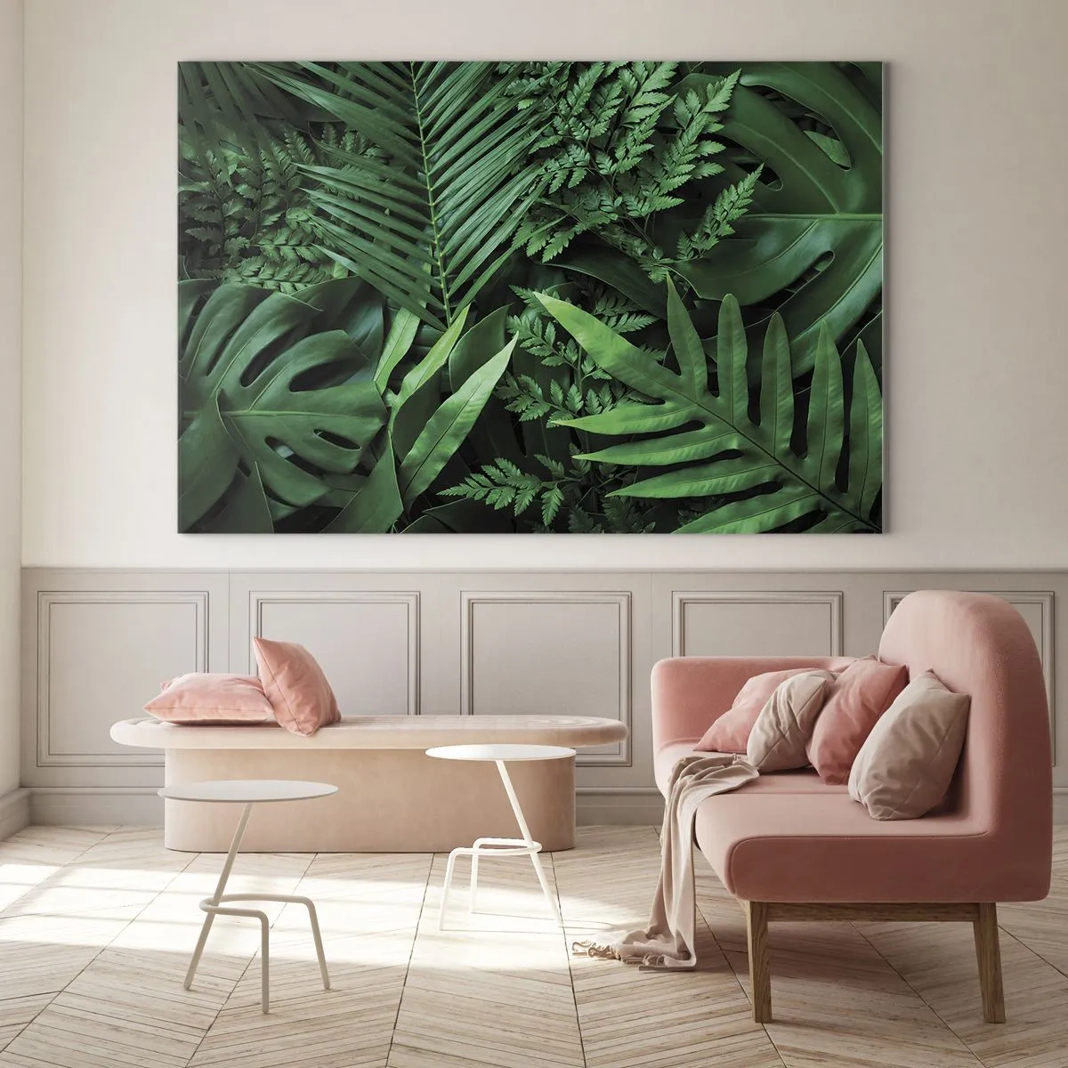 Obraz na szkle - Gęste zielone liście tropikalnych roślin w kompozycji - 120x80cm - Utulone w zieleni - Nowoczesna dekoracja ścienna do salonu, kuchni i sypialni ARTTOR