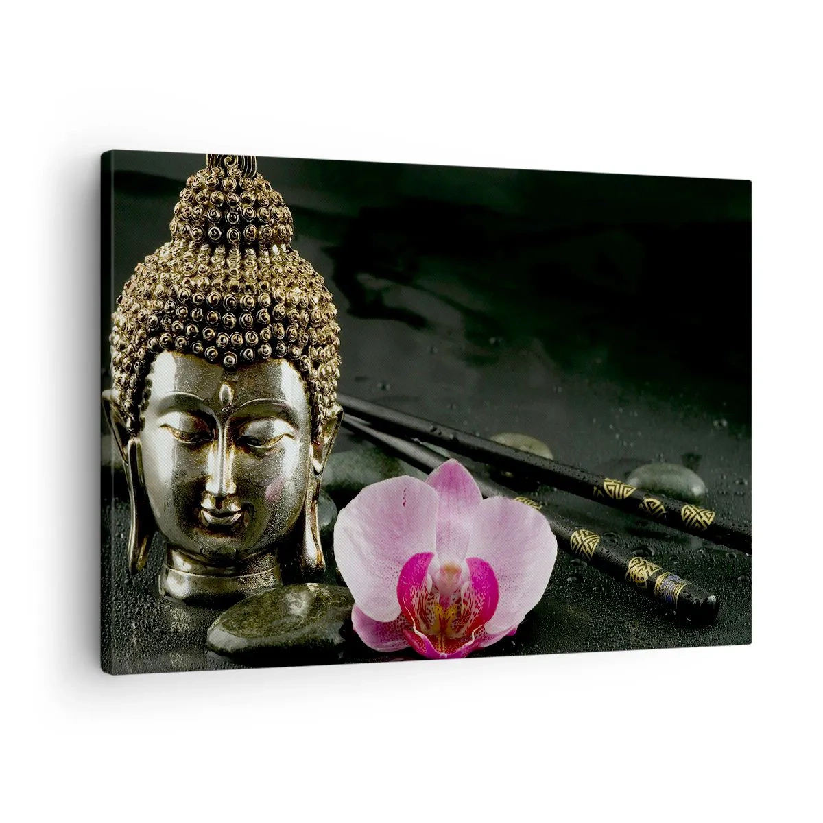 Obraz na płótnie - Posążek Buddy z orchideą i pałeczkami na tle kamieni - 70x50cm - Harmonia mądrości i piękna - Nowoczesna dekoracja ścienna do salonu i sypialni ARTTOR