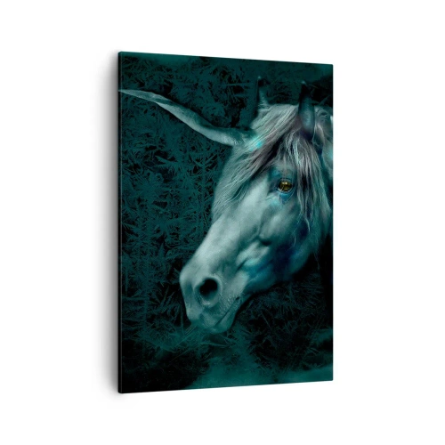 Obraz na płótnie - Jednorożec w magicznym lesie w odcieniach turkusu - 50x70cm - W baśniowym lesie - Nowoczesna dekoracja ścienna do salonu, kuchni i sypialni ARTTOR