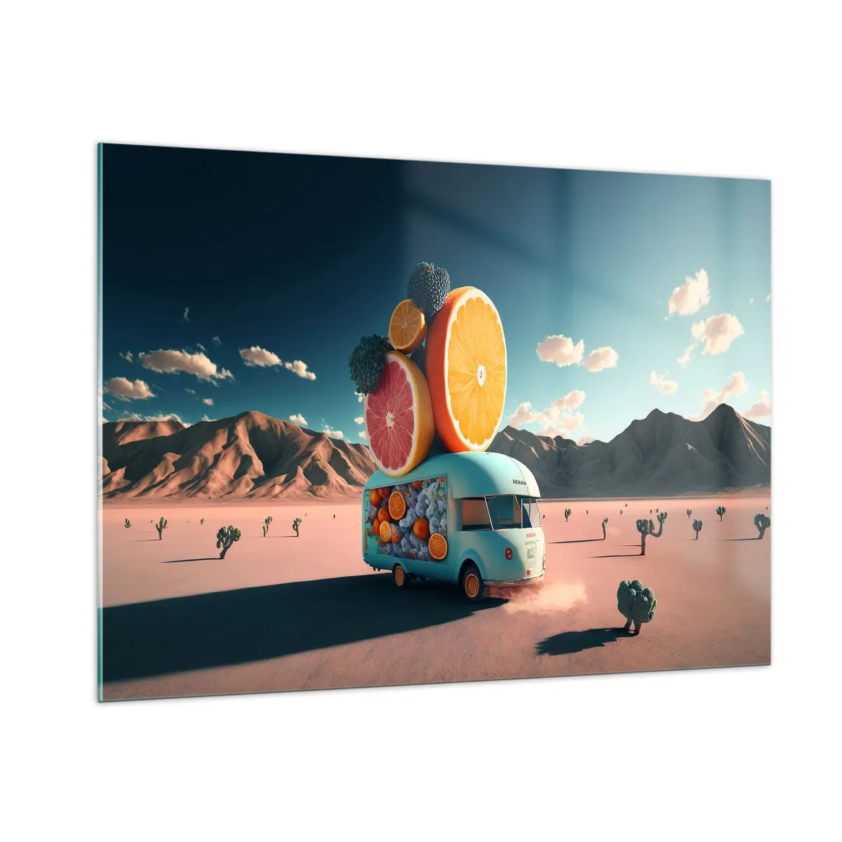 Obraz na szkle - Turkusowy kamper z owocami na tle pustynnego krajobrazu - 100x70cm - Smak wakacji - Nowoczesna dekoracja ścienna do salonu, kuchni i sypialni ARTTOR
