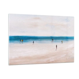 Obraz na szkle - Spokojna plaża z sylwetkami ludzi spacerujących przy linii morza - 120x80cm - Naturalna potrzeba - Nowoczesna dekoracja ścienna do salonu, kuchni i sypialni ARTTOR