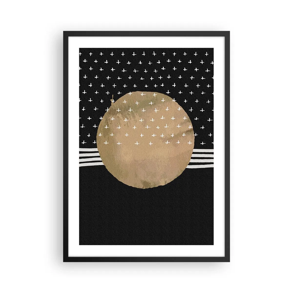 Plakat w czarnej ramie - Abstrakcyjna złota kula na czarnym tle z wzorami - 50x70cm - Kompozycja: flaga galaktyki - Nowoczesna dekoracja ścienna do salonu i sypialni ARTTOR