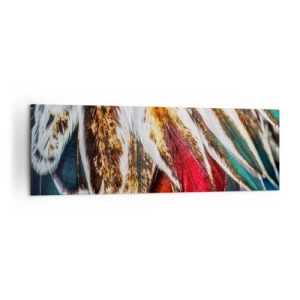Obraz na płótnie - Zbliżenie na wielokolorowe pióra w żywych, intensywnych barwach - 160x50cm - Tajemnice lotu - Nowoczesna dekoracja ścienna do salonu i sypialni ARTTOR