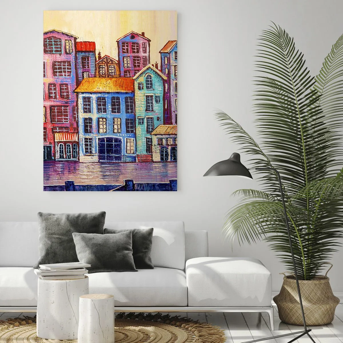 Obraz na szkle - Kolorowe kamienice odbijające się w wodzie - 50x70cm - Miasto jak z bajki - Nowoczesna dekoracja ścienna do salonu, kuchni i sypialni ARTTOR