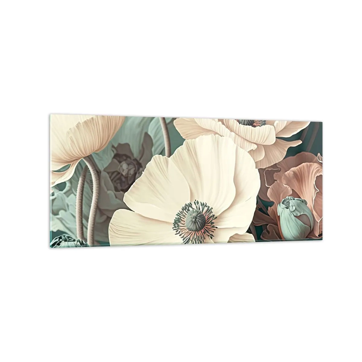 Obraz na szkle - Eleganckie kwiaty w pastelowych odcieniach na zielonym tle - 120x50cm - Szept maków - Nowoczesna dekoracja ścienna do salonu i sypialni ARTTOR