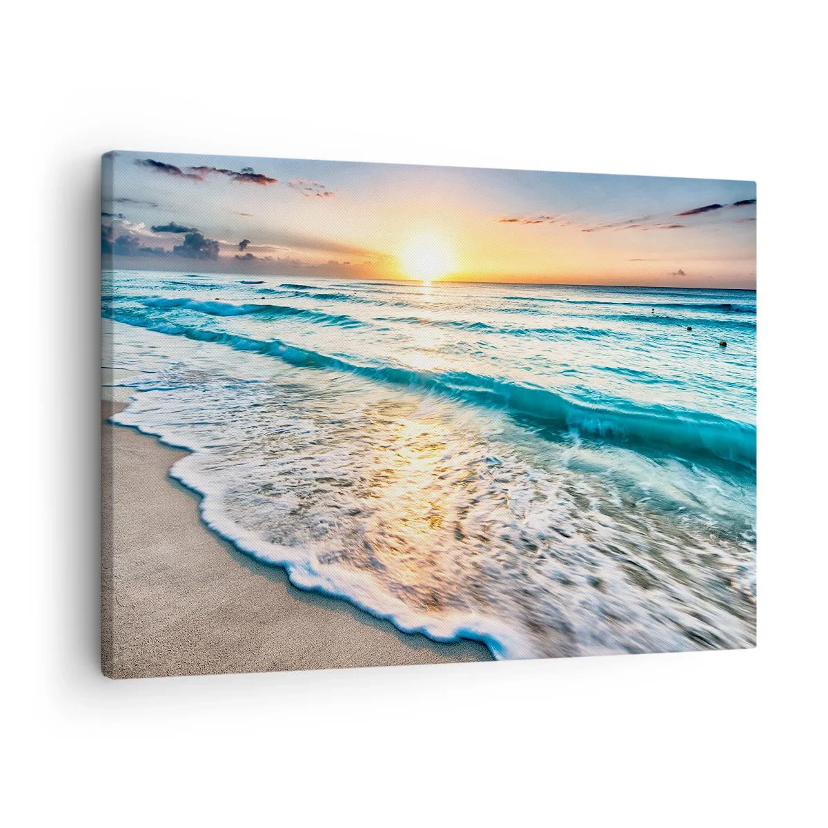 Obraz na płótnie - Wschód słońca nad spokojną plażą z falami - 70x50cm - Widok wart zachodu - Nowoczesna dekoracja ścienna do salonu i sypialni ARTTOR