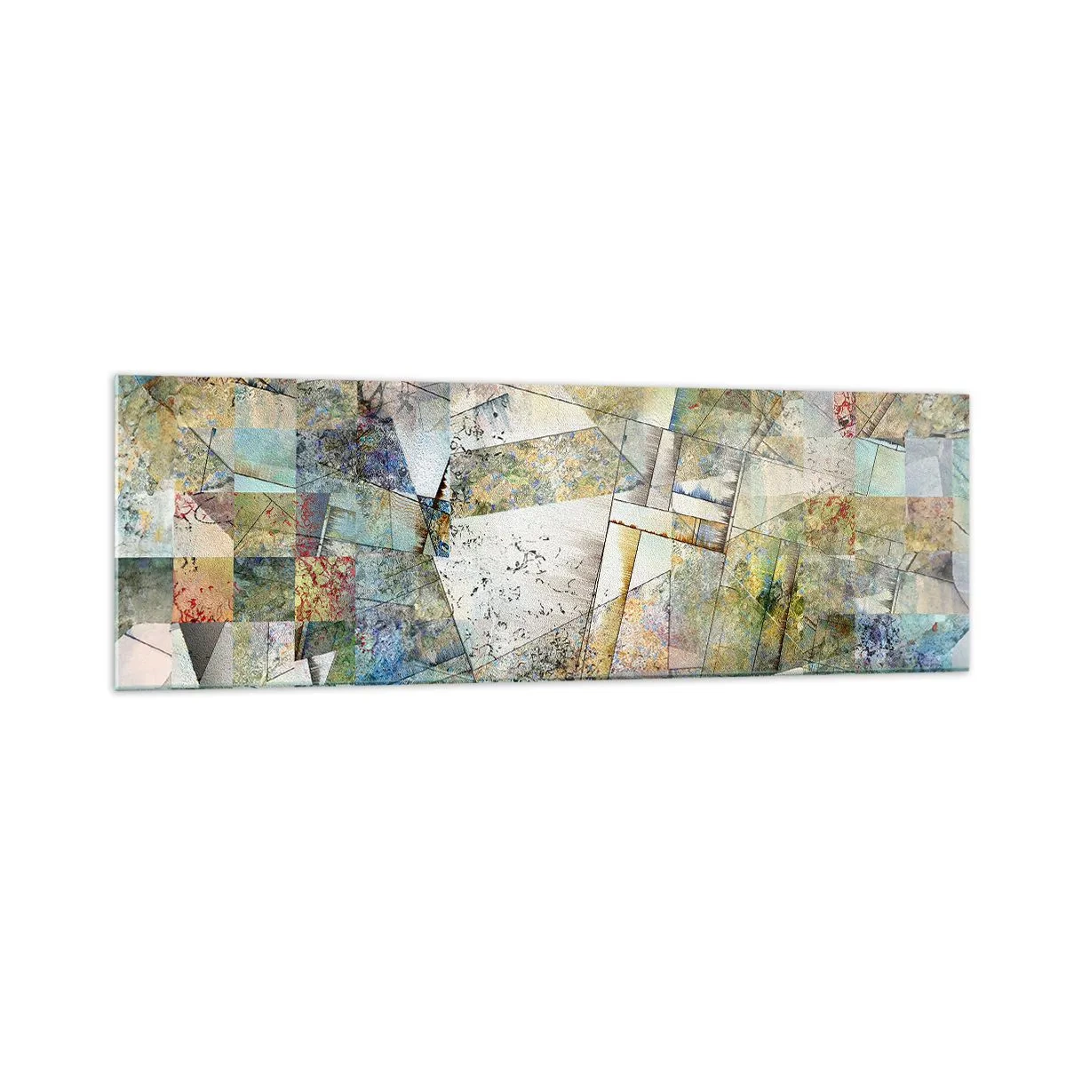 Obraz na szkle - Kolorowa abstrakcja z geometrycznymi kształtami i liniami - 160x50cm - Geometryczne przetasowanie - Nowoczesna dekoracja ścienna do salonu i sypialni ARTTOR