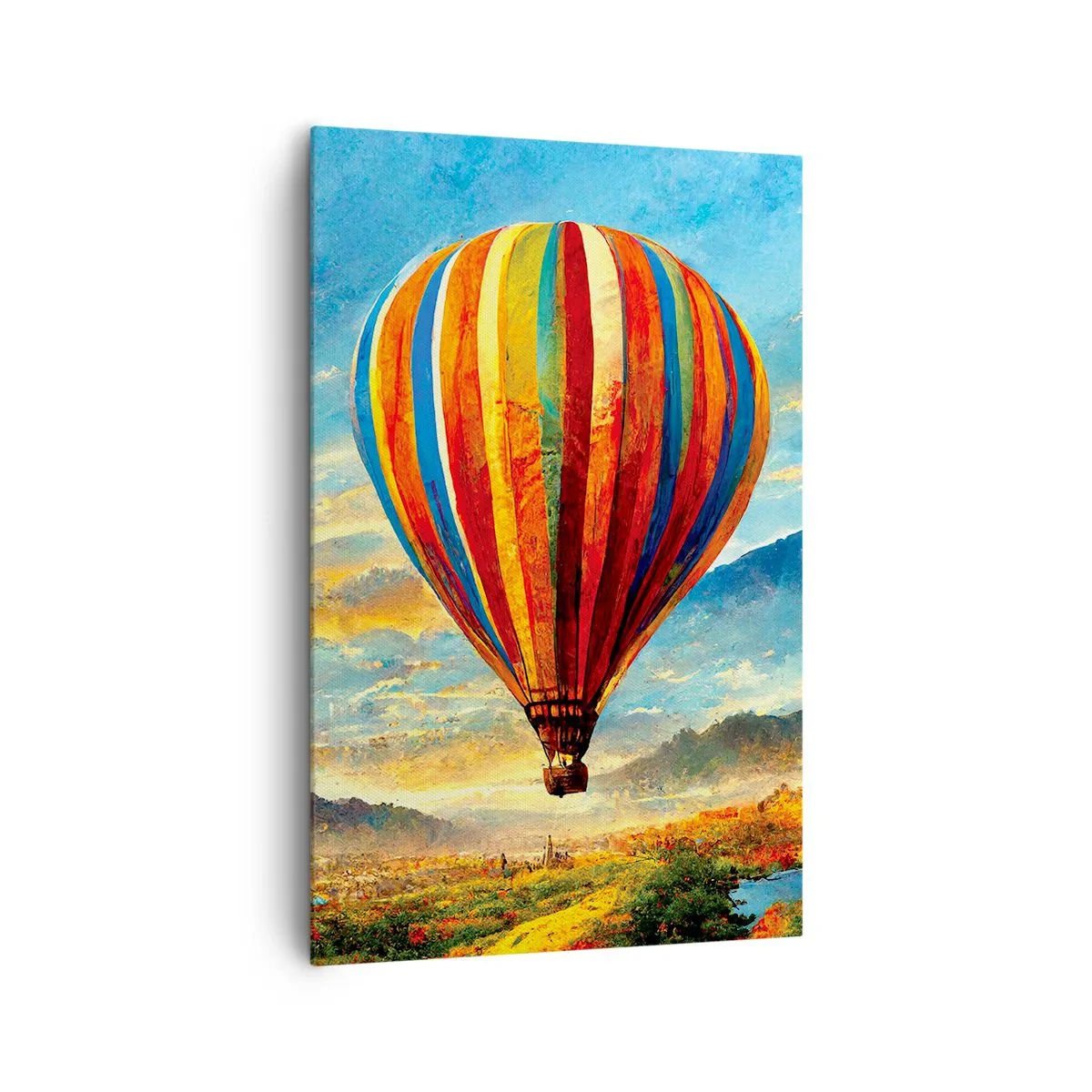 Obraz na płótnie - Kolorowy balon nad malowniczym krajobrazem - 80x120cm - W ciszy widać więcej - Nowoczesna dekoracja ścienna do salonu i sypialni ARTTOR