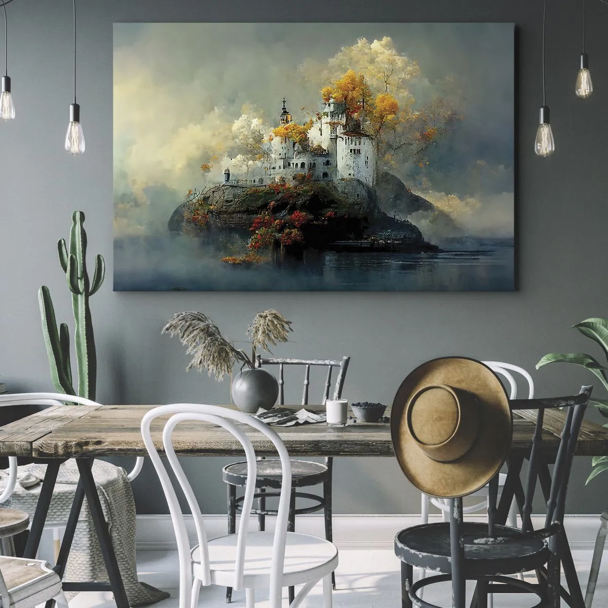 Obraz na płótnie - Zamek na wzgórzu otoczony jesiennymi drzewami - 70x50cm - Początek romantycznej opowieści - Nowoczesna dekoracja ścienna do salonu i sypialni ARTTOR