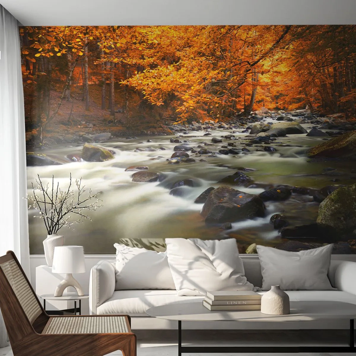 Fototapeta Premium Sand - Jesienny las z rwącym potokiem i złotymi liśćmi - 100x70cm - Potok w złotym lesie - Nowoczesna dekoracja ścienna do salonu, kuchni i sypialni ARTTOR