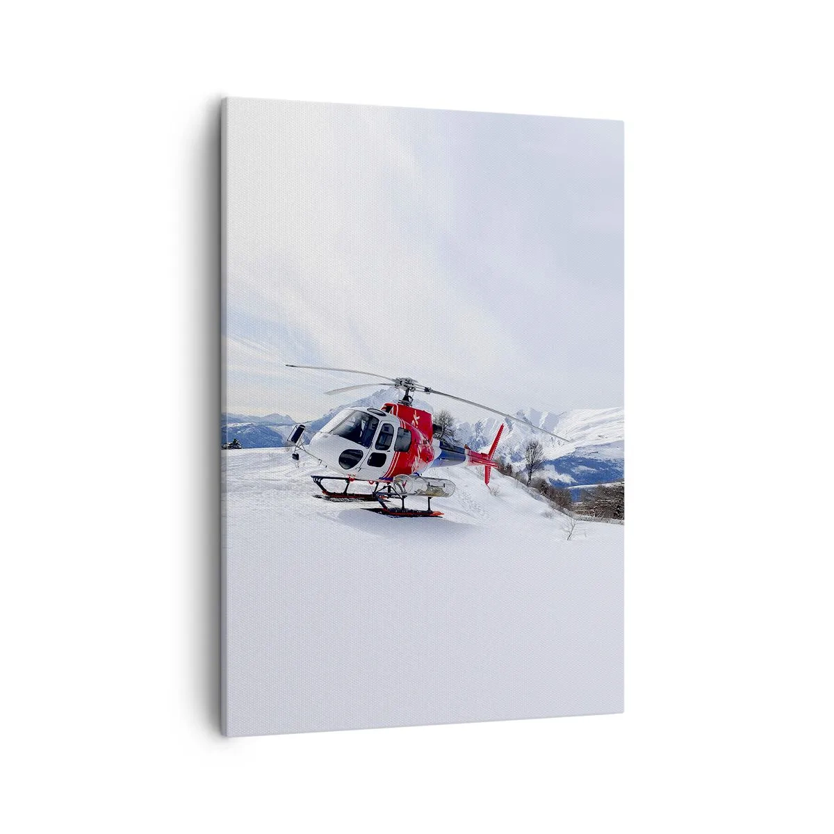 Obraz na płótnie - Czerwony helikopter na ośnieżonym szczycie gór - 50x70cm - Zawsze gotowy - Nowoczesna dekoracja ścienna do salonu, kuchni i sypialni ARTTOR