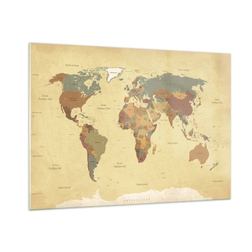 Obraz na szkle - Mapa świata w odcieniach beżu i brązu na tle w stylu vintage - 100x70cm - Dla ciebie - cały świat - Nowoczesna dekoracja ścienna do salonu, kuchni i sypialni ARTTOR