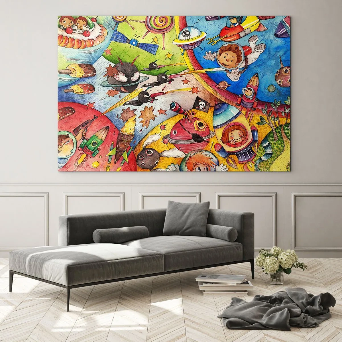 Obraz na szkle - Kolorowa ilustracja kosmicznej przygody dla dzieci - 70x50cm - Wielka kosmiczna przygoda - Nowoczesna dekoracja ścienna do salonu i sypialni ARTTOR