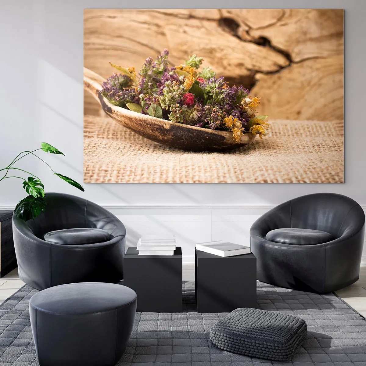 Obraz na szkle - Suszone zioła w drewnianej łyżce na rustykalnym tle - 120x80cm - Kwiecie barwiste i zioła pachnące - Nowoczesna dekoracja ścienna do salonu, kuchni i sypialni ARTTOR