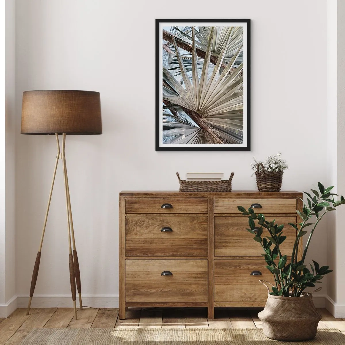 Plakat w czarnej ramie - Zbliżenie na liście palmy w pastelowych odcieniach - 50x70cm - Wachlarze w tropikach - Nowoczesna dekoracja ścienna do salonu i sypialni ARTTOR