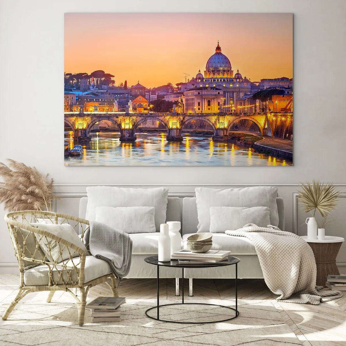 Obraz na szkle - Most i bazylika w Rzymie o zachodzie słońca - 70x50cm - Zmierzch nad Wiecznym Miastem - Nowoczesna dekoracja ścienna do salonu i sypialni ARTTOR