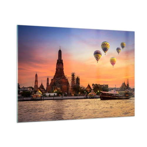 Obraz na szkle - Świątynia nad rzeką o zachodzie słońca z balonami - 100x70cm - Tutaj rodzą się baśnie - Nowoczesna dekoracja ścienna do salonu, kuchni i sypialni ARTTOR