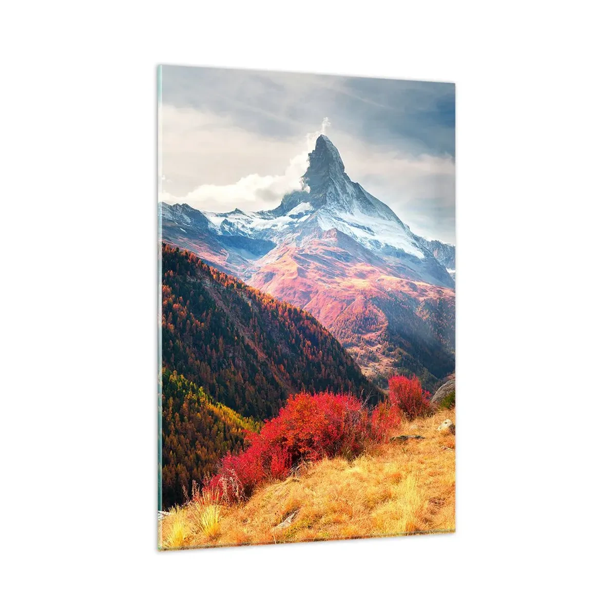 Obraz na szkle - Jesienne zbocza Alp z widokiem na ośnieżony szczyt góry Matterhorn - 80x120cm - Alpejska jesień - Nowoczesna dekoracja ścienna do salonu i sypialni ARTTOR