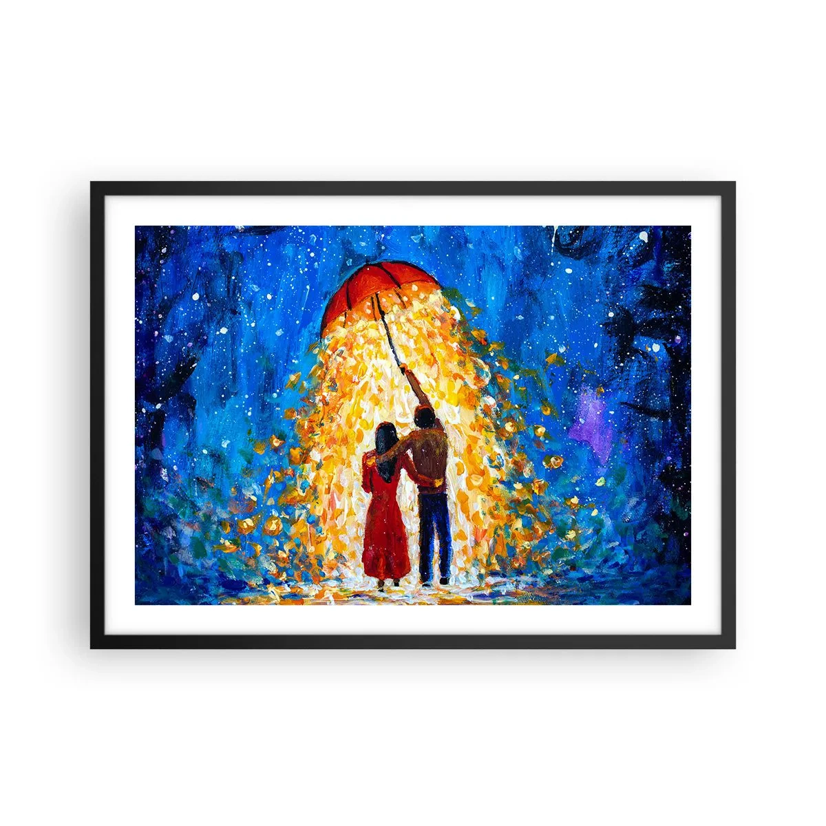 Plakat w czarnej ramie - Para pod czerwonym parasolem w świetlistym deszczu - 70x50cm - Magia deszczowego wieczoru? - Nowoczesna dekoracja ścienna do salonu i sypialni ARTTOR