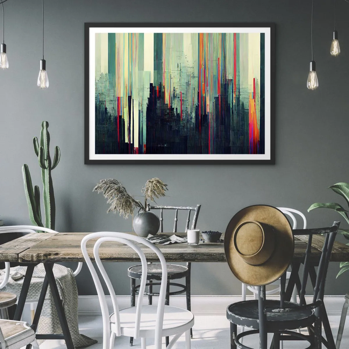 Plakat w czarnej ramie - Abstrakcja z pionowymi liniami i miejską panoramą - 70x50cm - Futurystyczne miasto - Nowoczesna dekoracja ścienna do salonu i sypialni ARTTOR