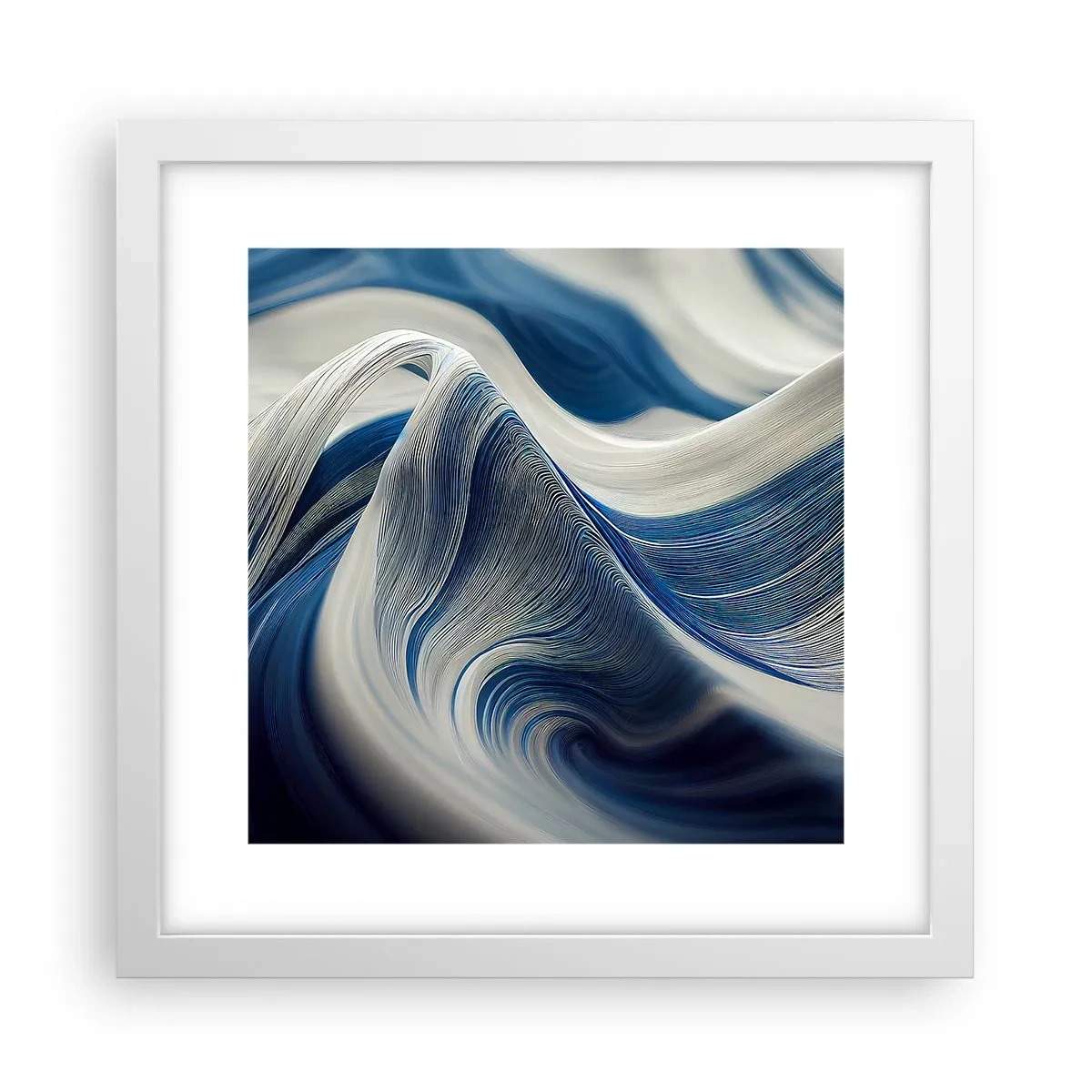 Plakat w białej ramie - Płynność błękitu i bieli - 30x30 cm