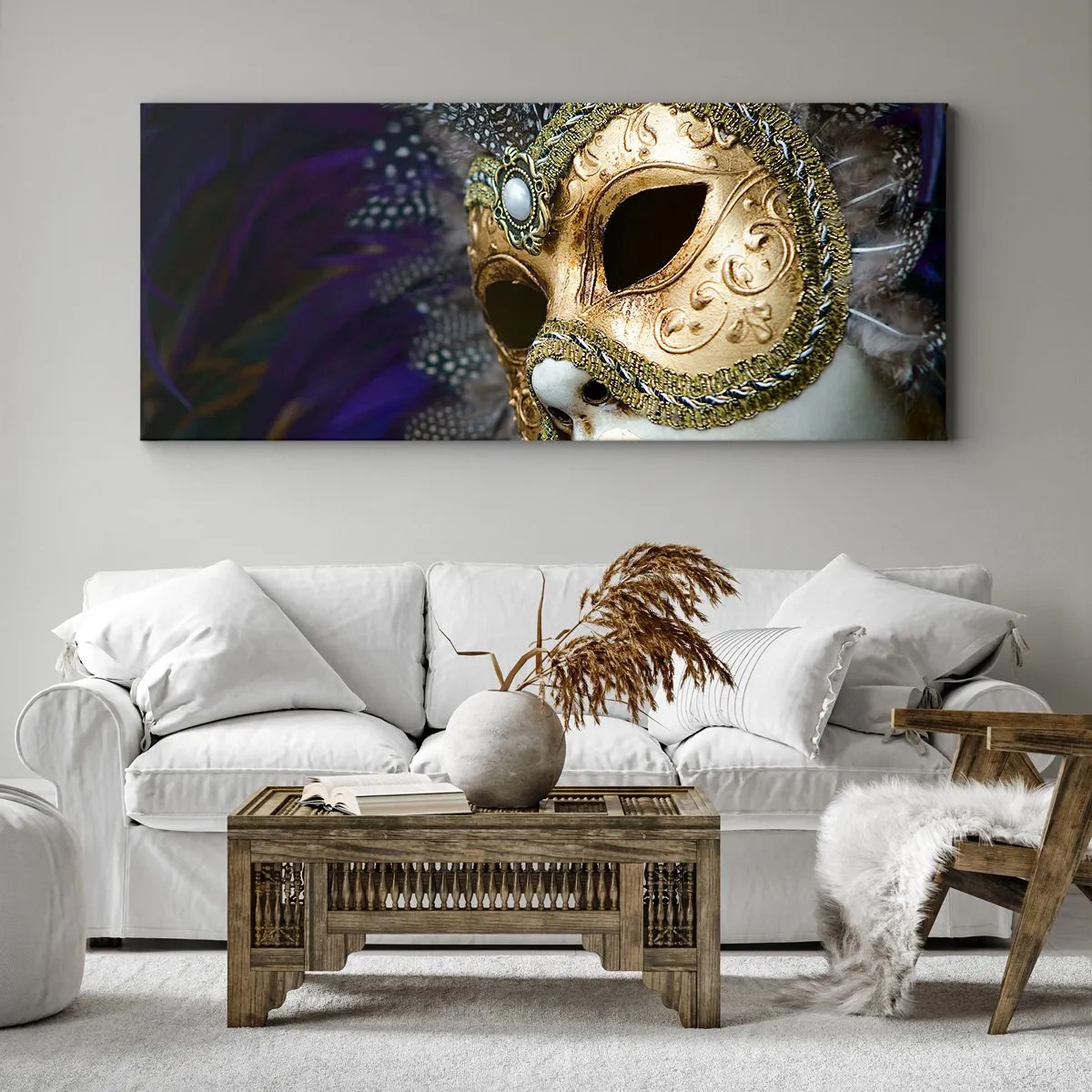 Obraz na płótnie - Złota maska wenecka z ozdobnymi piórami i ornamentami - 160x50cm - Portret wenecki w złocie - Nowoczesna dekoracja ścienna do salonu i sypialni ARTTOR