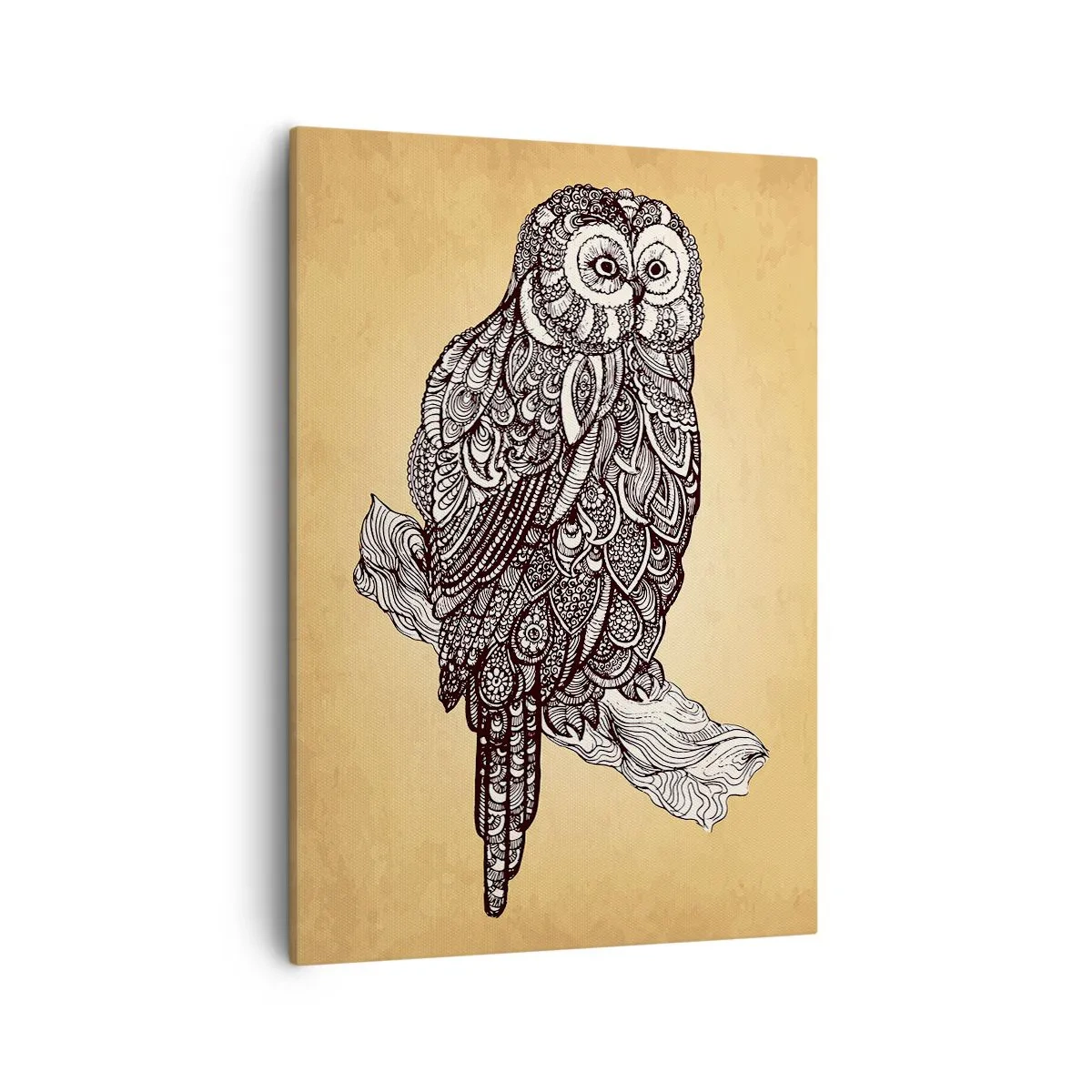 Obraz na płótnie - Sowa w stylu mandali na beżowym tle - 50x70cm - Misterne ornamenty mądrości - Nowoczesna dekoracja ścienna do salonu, kuchni i sypialni ARTTOR