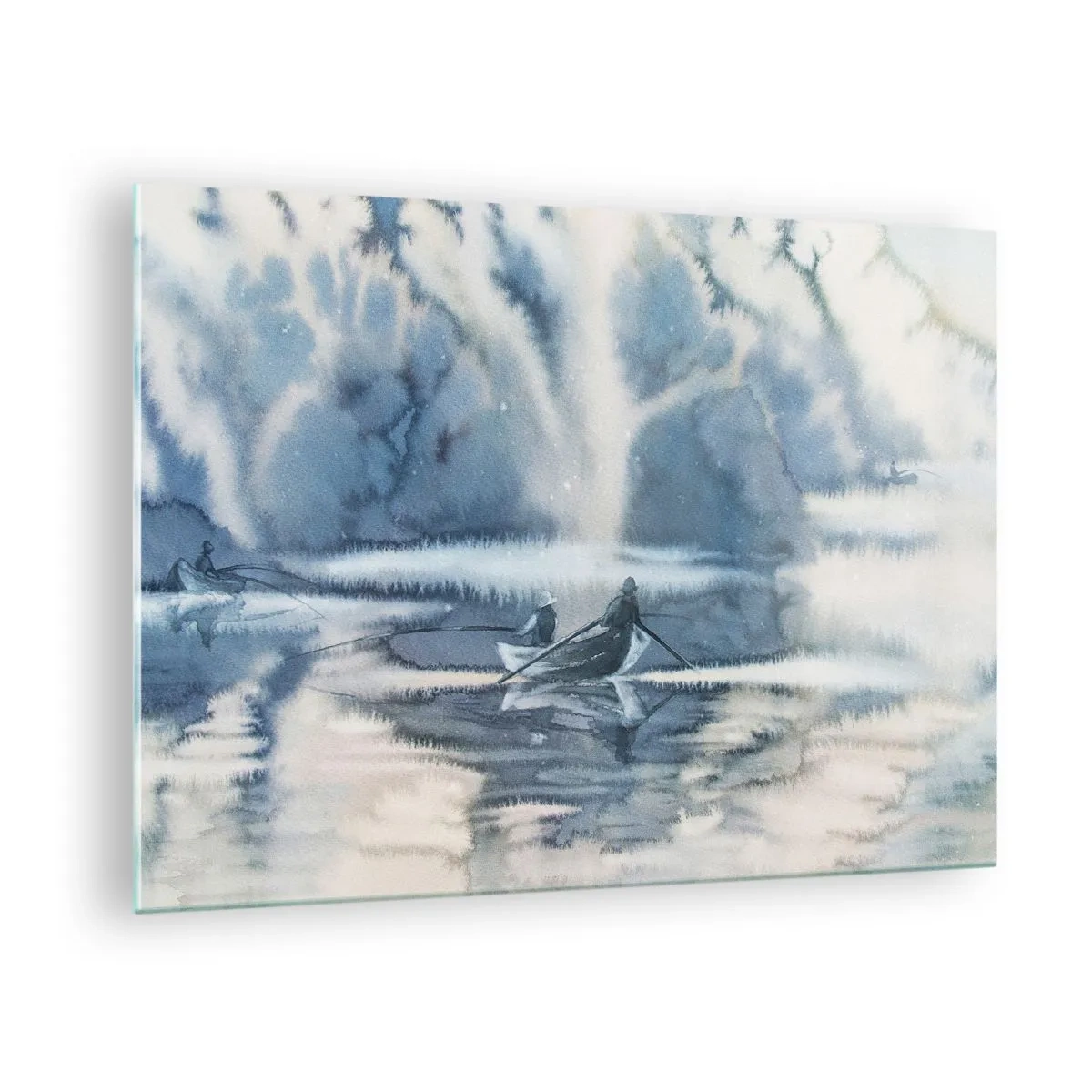 Obraz na szkle - Dwóch wędkarzy na łodzi otoczonej mglistym krajobrazem - 70x50cm - Wędkarze w swoim raju - Nowoczesna dekoracja ścienna do salonu i sypialni ARTTOR