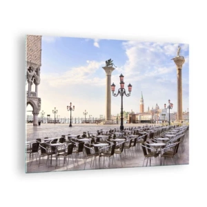 Obraz na szkle - Plac z kolumnami i rzędami krzeseł w Wenecji - 70x50cm - Zapraszamy, wszystko gotowe - Nowoczesna dekoracja ścienna do salonu i sypialni ARTTOR