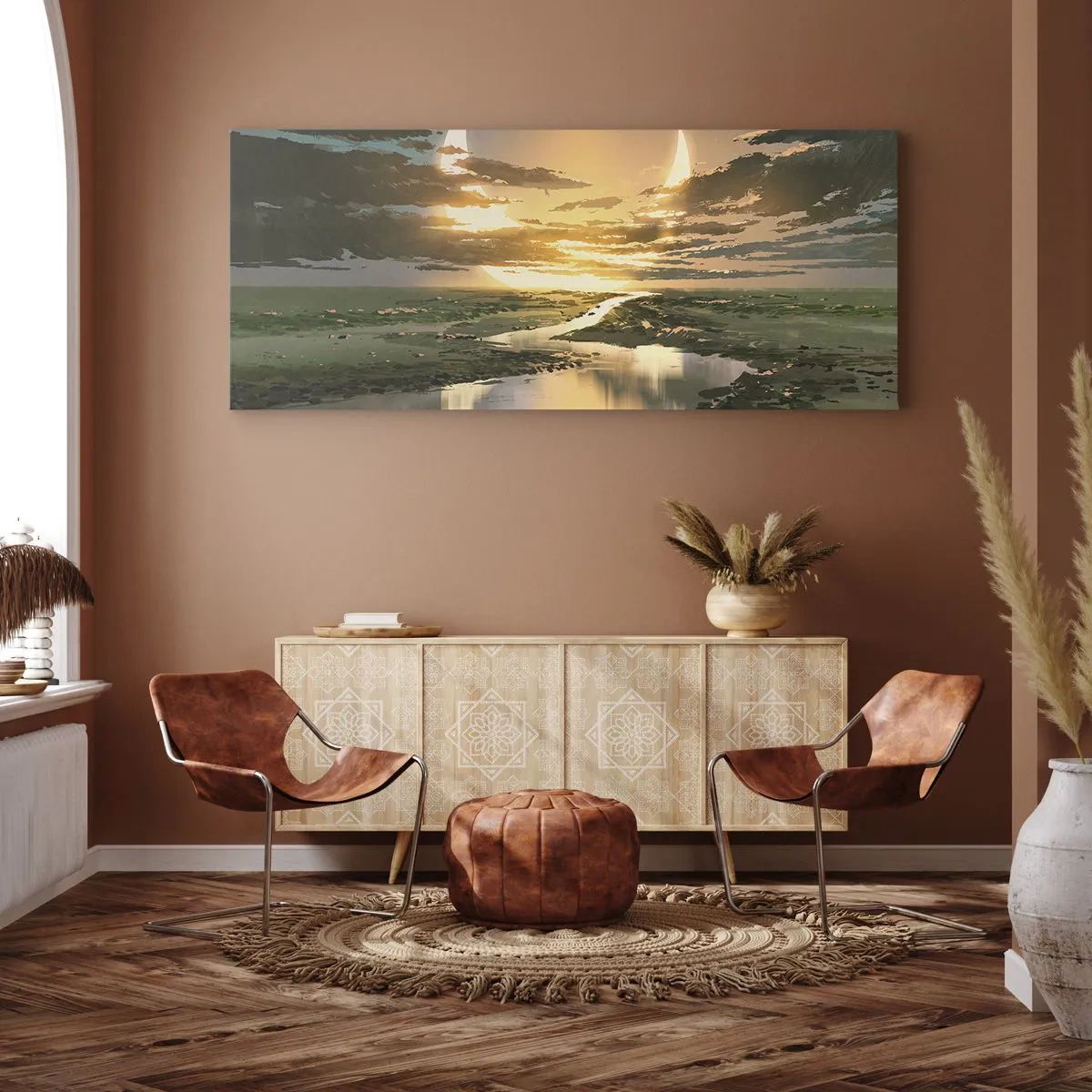 Obraz na płótnie - Fantastyczny krajobraz z dwoma księżycami na horyzoncie - 140x50cm - Gdzieś w odległej galaktyce - Nowoczesna dekoracja ścienna do salonu i sypialni ARTTOR