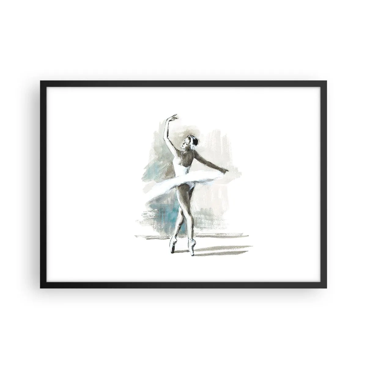 Plakat w czarnej ramie - Tancerka baletowa w pozie baletowej na tle delikatnych akwarelowych tonacji - 70x50cm - Zaklęta w łabędzia - Nowoczesna dekoracja ścienna do salonu i sypialni ARTTOR