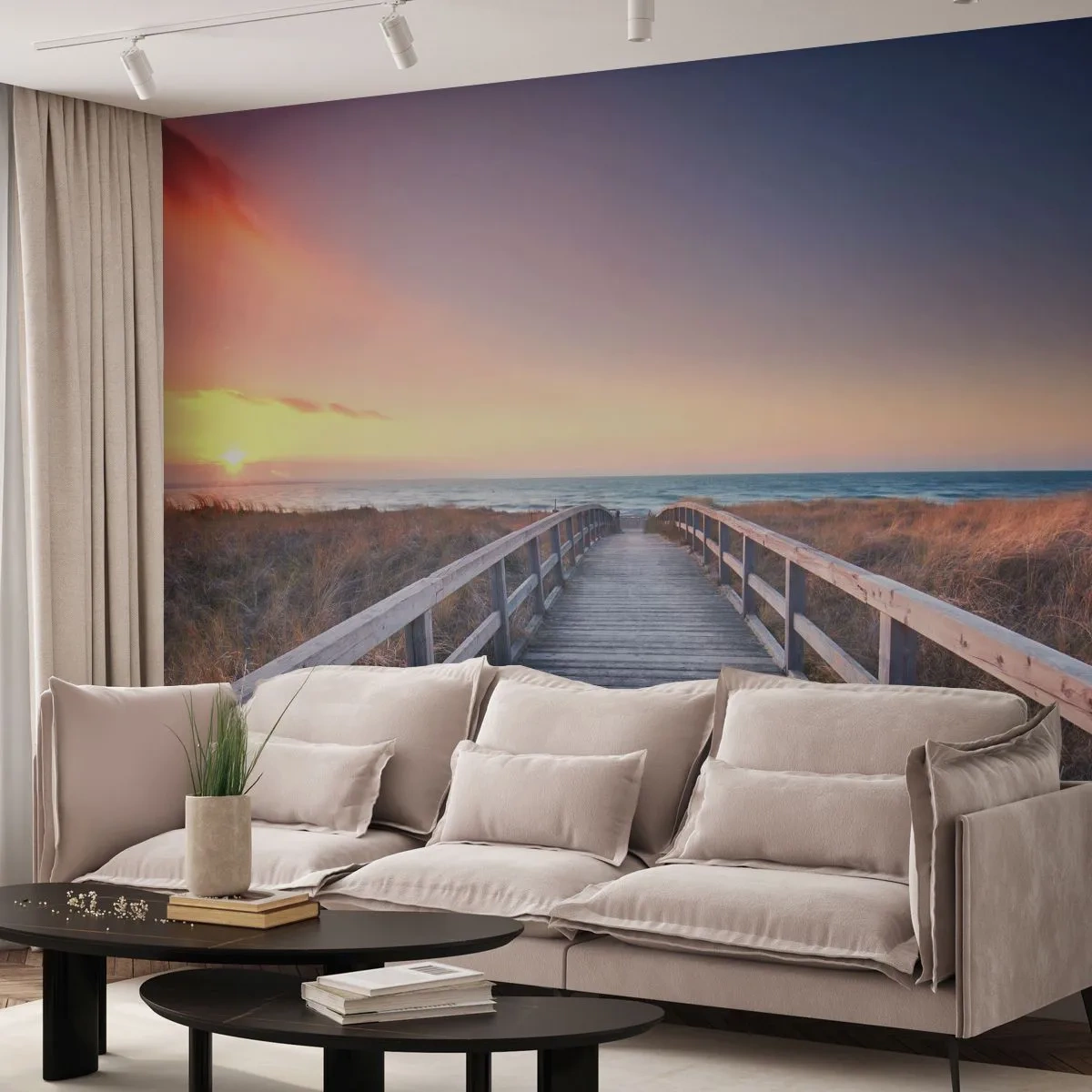 Fototapeta Premium Sand - Drewniana kładka prowadząca na plażę o zachodzie - 100x70cm - Bałtycka wieczorna zorza - Nowoczesna dekoracja ścienna do salonu, kuchni i sypialni ARTTOR