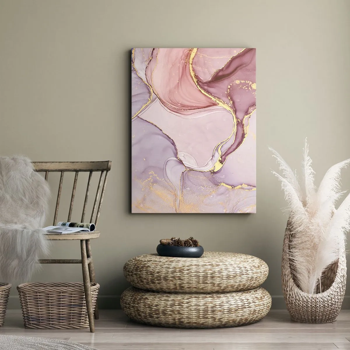 Obraz na płótnie - Delikatne abstrakcyjne wzory w odcieniach różu i złota - 70x100cm - Pieszczota barw - Nowoczesna dekoracja ścienna do salonu i sypialni ARTTOR