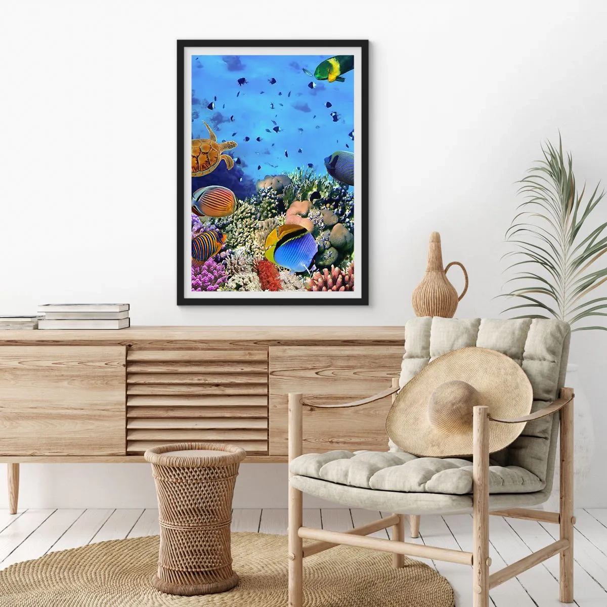 Plakat w czarnej ramie - Podwodny świat rafy koralowej z tropikalnymi rybami - 50x70cm - I co my wiemy o życiu... - Nowoczesna dekoracja ścienna do salonu i sypialni ARTTOR