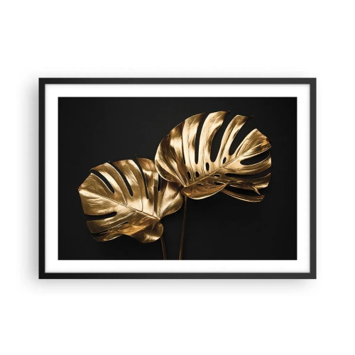 Plakat w czarnej ramie - Złote liście monstery na czarnym tle - 70x50cm - Skarby natury - Nowoczesna dekoracja ścienna do salonu i sypialni ARTTOR