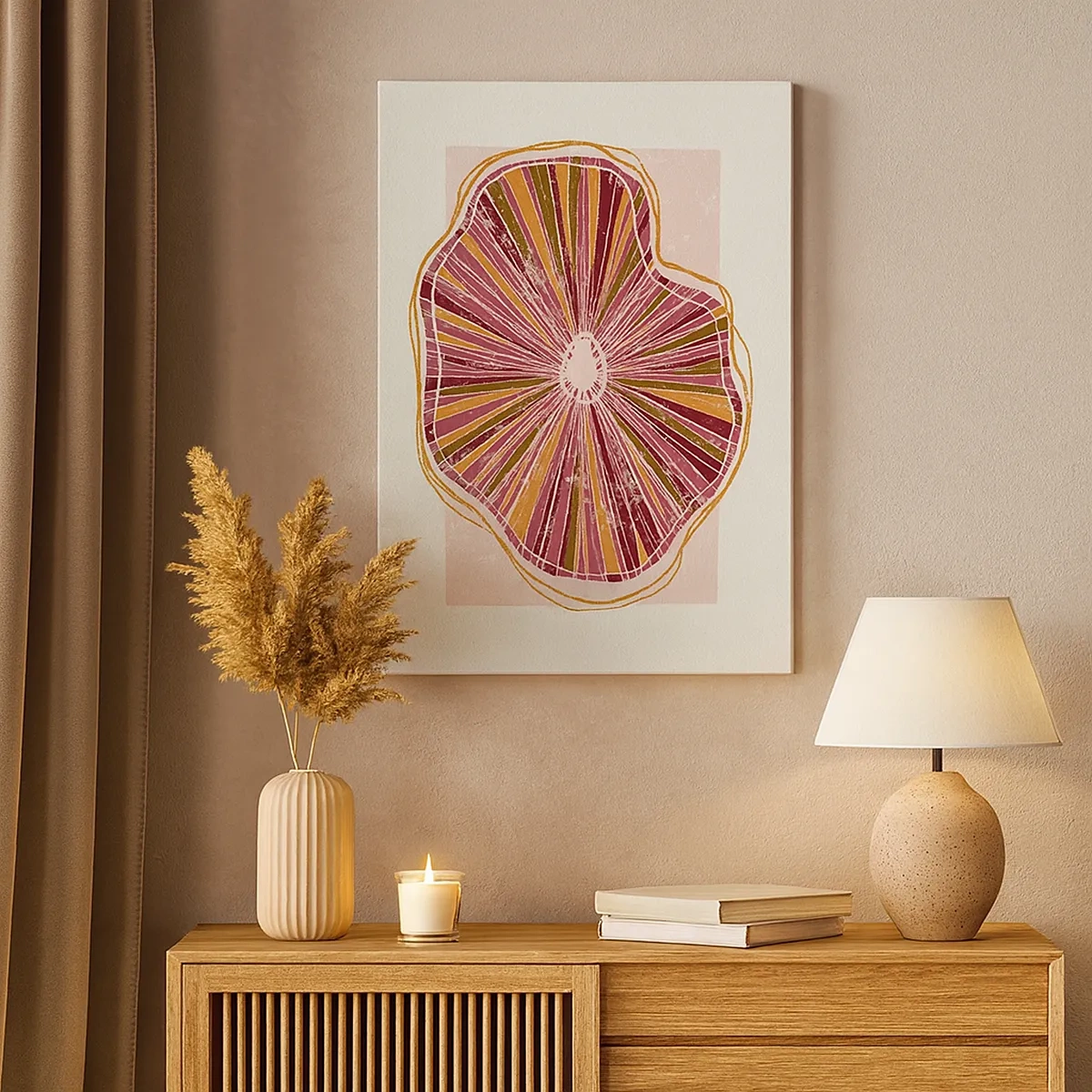 Obraz na płótnie - Abstrakcyjna forma przypominająca przekrój drewna w ciepłych odcieniach - 50x70cm - Abstrakcja promienista - Nowoczesna dekoracja ścienna do salonu, kuchni i sypialni ARTTOR