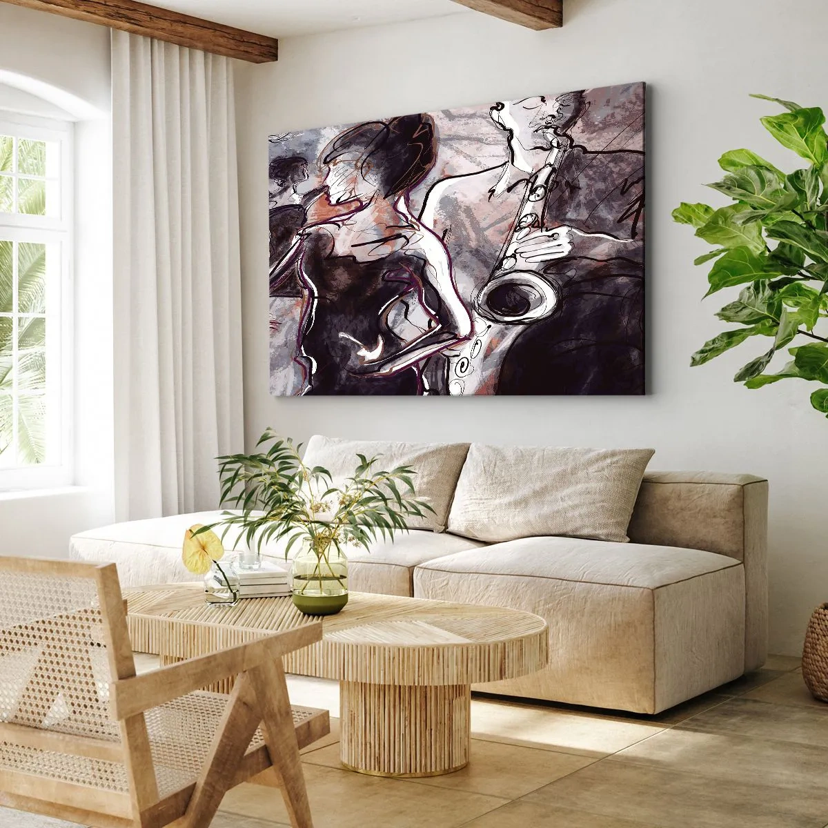 Obraz na płótnie - Abstrakcyjna scena jazzowa z saksofonistą i tańczącą kobietą - 70x50cm - Rozpłynąć się w muzyce - Nowoczesna dekoracja ścienna do salonu i sypialni ARTTOR