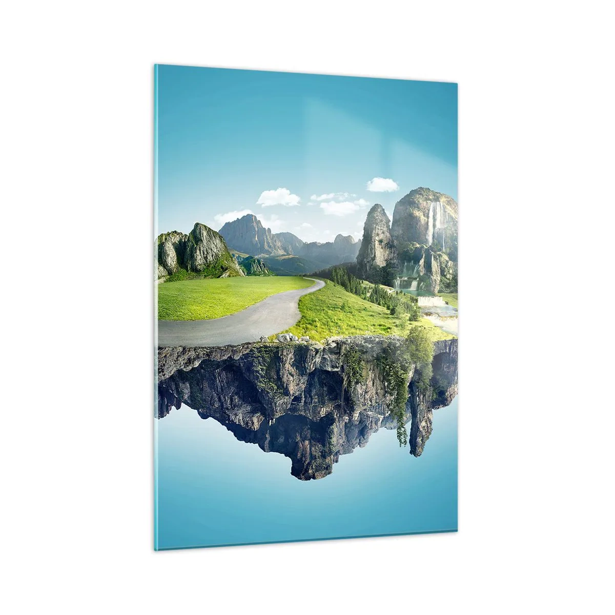 Obraz na szkle - Latająca wyspa z górami, wodospadem i zielenią - 50x70cm - Fantastyczna wyspa - Nowoczesna dekoracja ścienna do salonu, kuchni i sypialni ARTTOR