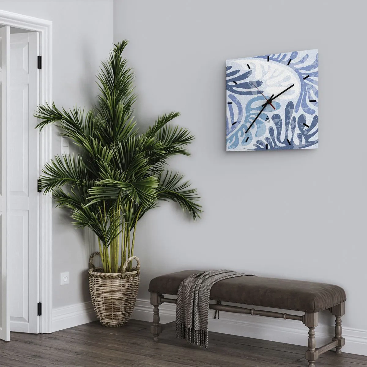Zegar ścienny - Abstrakcyjne kształty w odcieniach błękitu na białym tle - 30x30cm - Błękitne paprocie - Nowoczesna dekoracja ścienna do salonu i sypialni ARTTOR