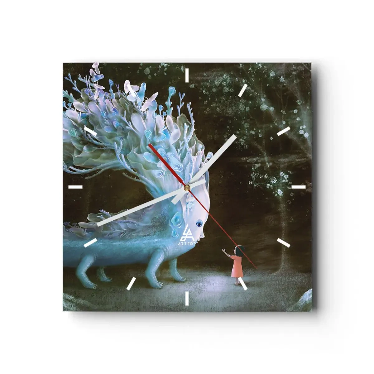 Zegar ścienny - Postać dziewczynki naprzeciw fantastycznego stworzenia - 30x30cm - Fantastyczne spotkanie - Nowoczesna dekoracja ścienna do salonu i sypialni ARTTOR