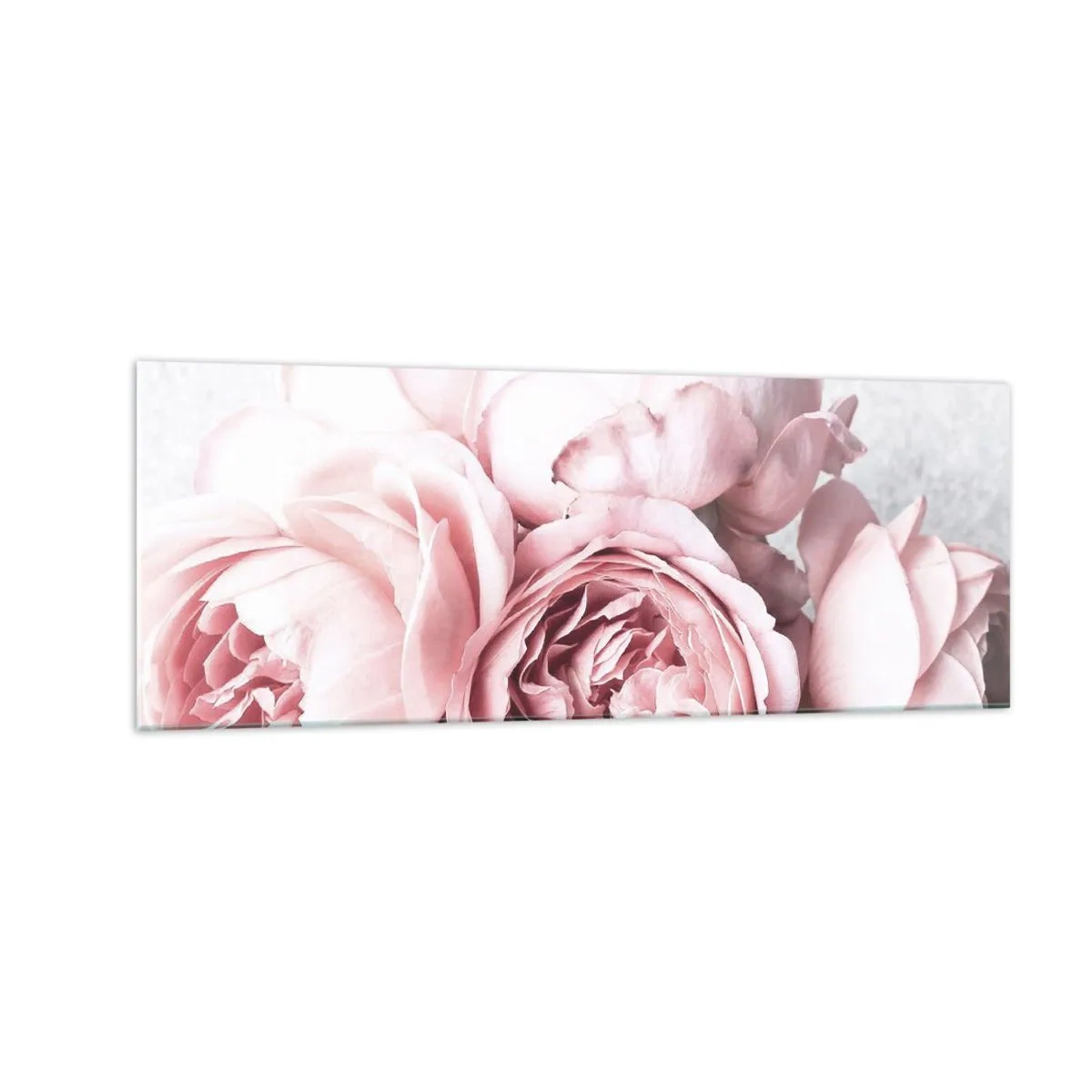 Obraz na szkle - Różowe piwonie w delikatnym świetle na jasnym tle - 140x50cm - Dla romantyków - Nowoczesna dekoracja ścienna do salonu i sypialni ARTTOR