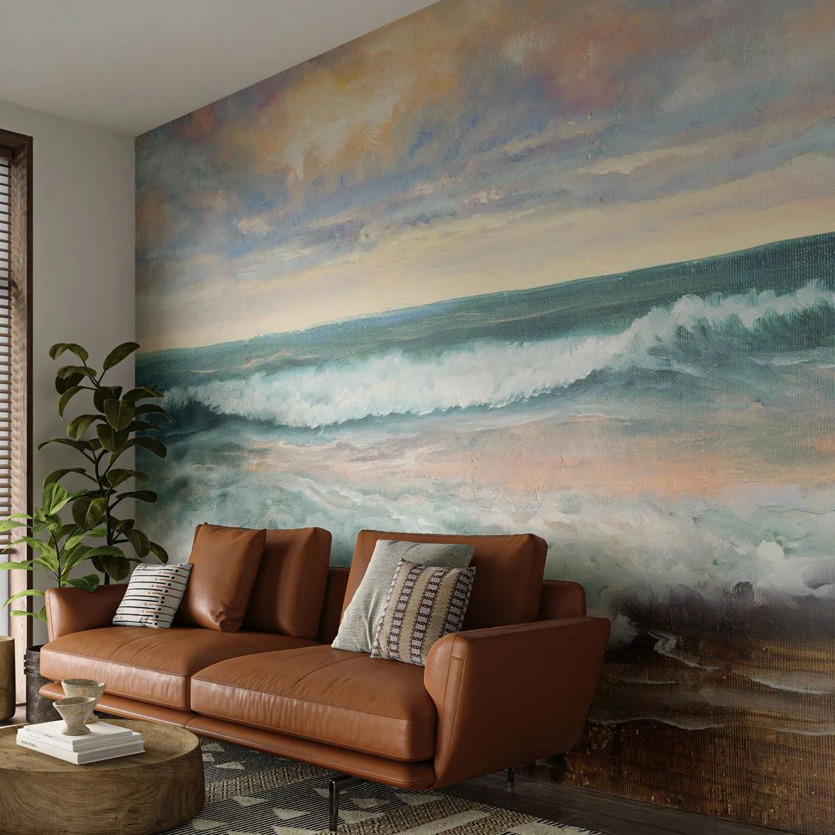 Fototapeta Premium Canvas - Morskie fale na tle zachmurzonego nieba o zachodzie słońca - 100x70cm - Tutaj wygładzisz duszę - Nowoczesna dekoracja ścienna do salonu i sypialni ARTTOR