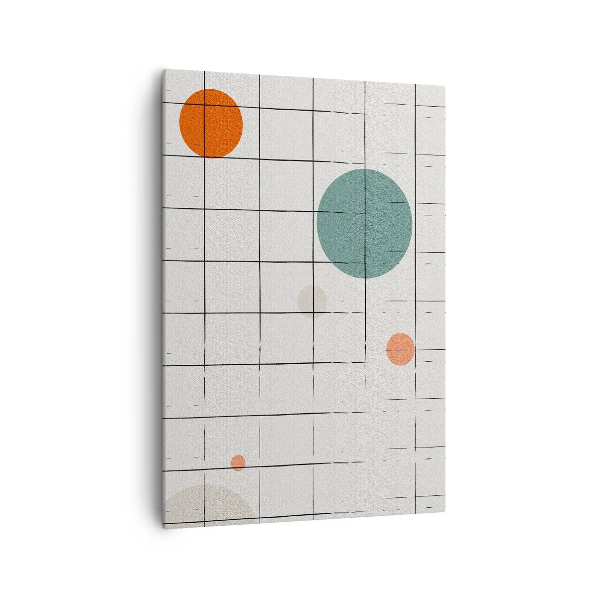 Obraz na płótnie - Abstrakcyjne okręgi w kolorach na tle geometrycznej siatki - 70x100cm - Uwięzione. My czy one? - Nowoczesna dekoracja ścienna do salonu i sypialni ARTTOR