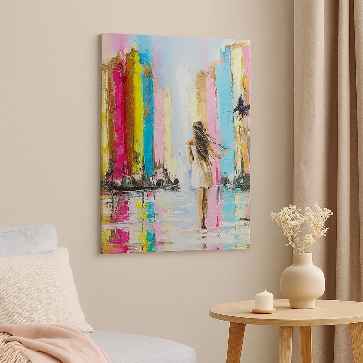 Obraz na płótnie - Dziewczyna spacerująca po mieście w kolorach - 50x70cm - Idż za mną - Nowoczesna dekoracja ścienna do salonu, kuchni i sypialni ARTTOR