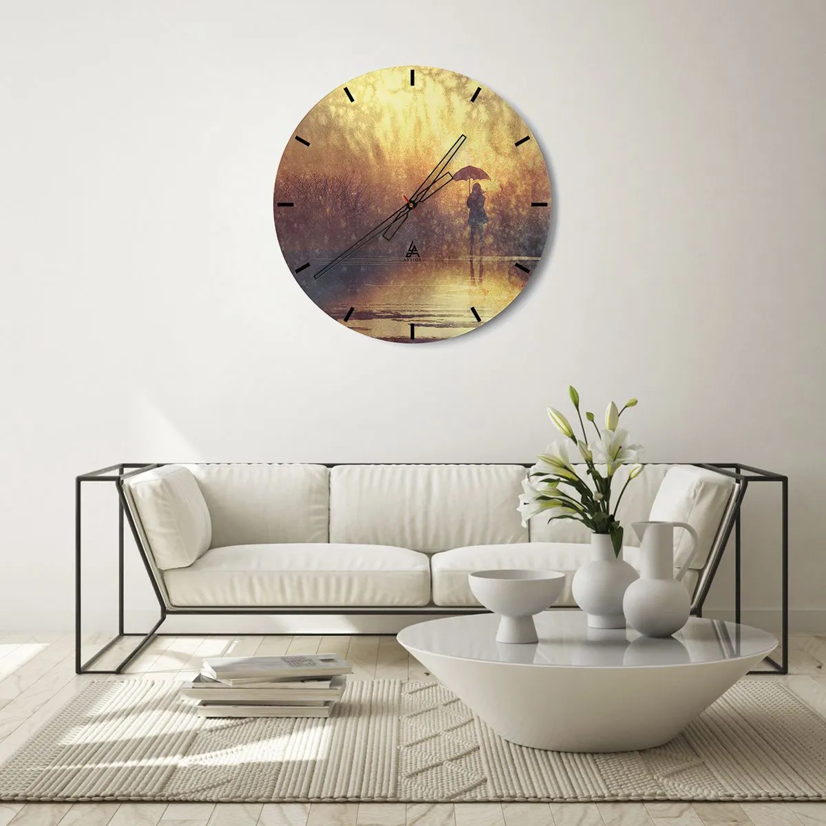 Zegar ścienny - Postać z parasolem na tle deszczu i ciepłego światła - 30x30cm - Czuję, że ktoś na mnie patrzy - Nowoczesna dekoracja ścienna do salonu, kuchni i sypialni ARTTOR