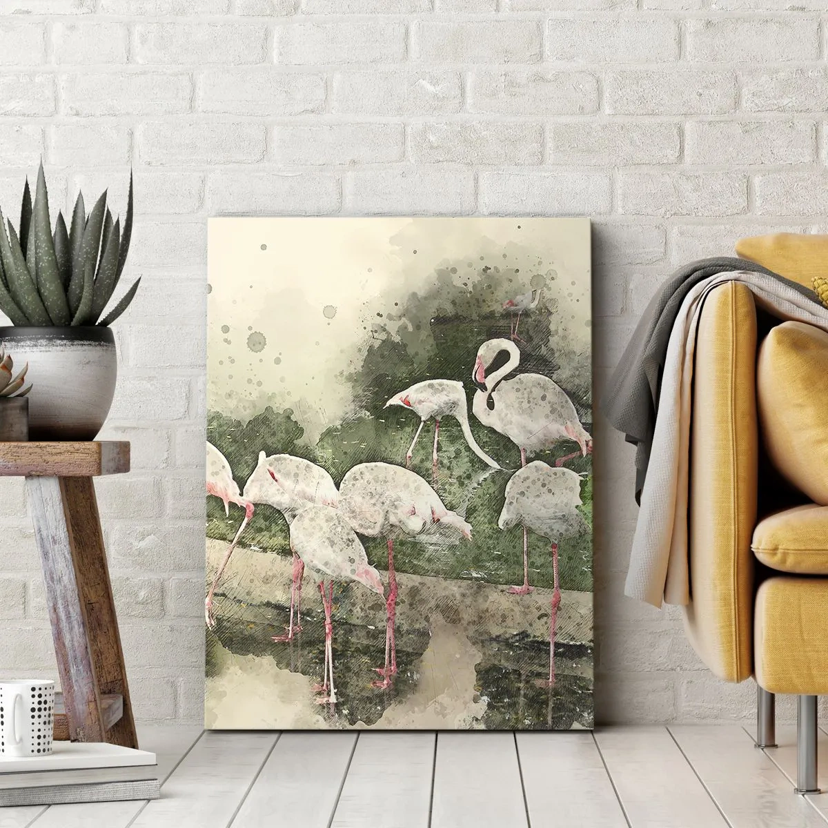 Obraz na płótnie - Flamingi w naturalnym otoczeniu w akwarelowym stylu - 70x100cm - Egzotyczny sen - Nowoczesna dekoracja ścienna do salonu i sypialni ARTTOR